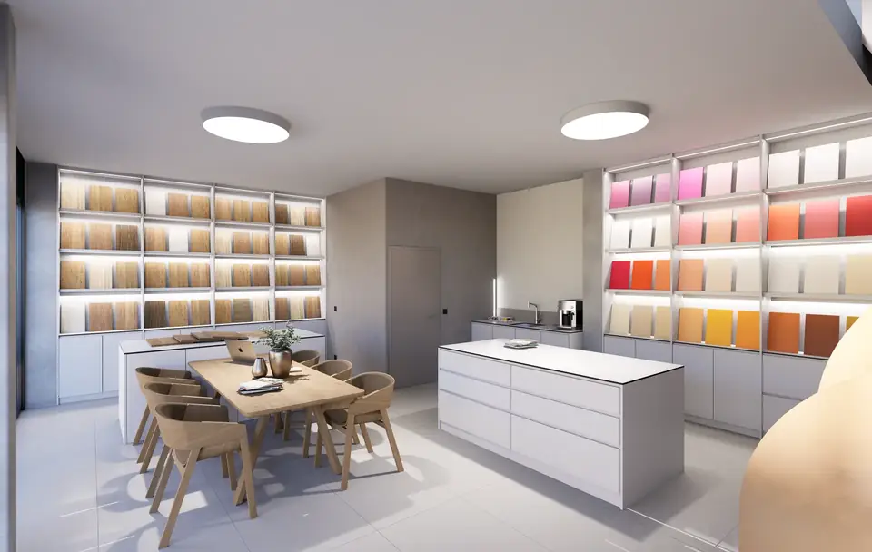 DELS Brno — Showroom — vzorkovna s prosvětlenými regály
