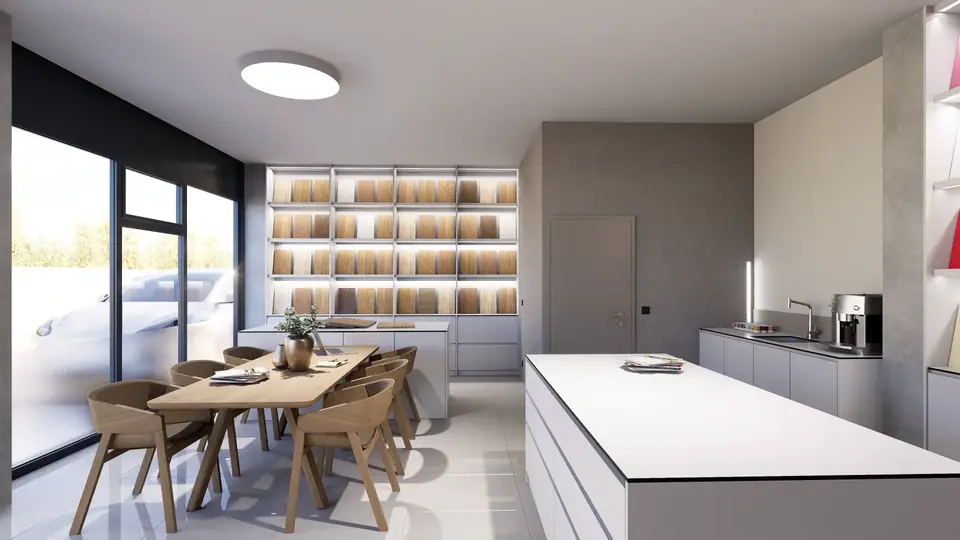 DELS Brno — Showroom — jednací stůl u prosklené výlohy