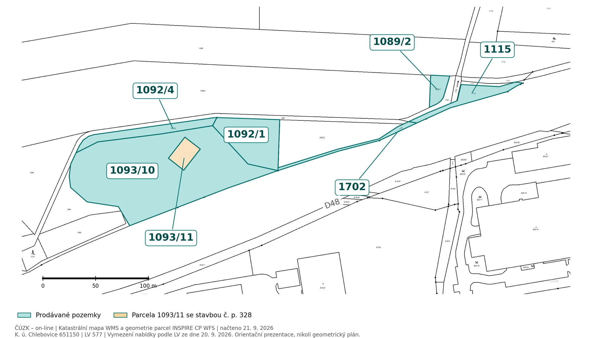 Katastrální mapa s orientačním vyznačením prodávaných parcel