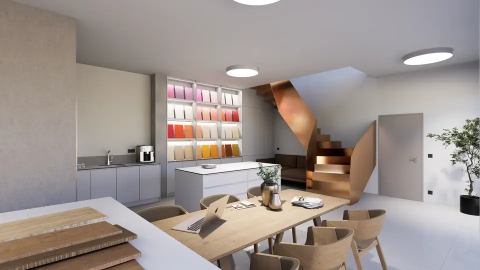 DELS Brno — Showroom — schodiště do patra jednotky